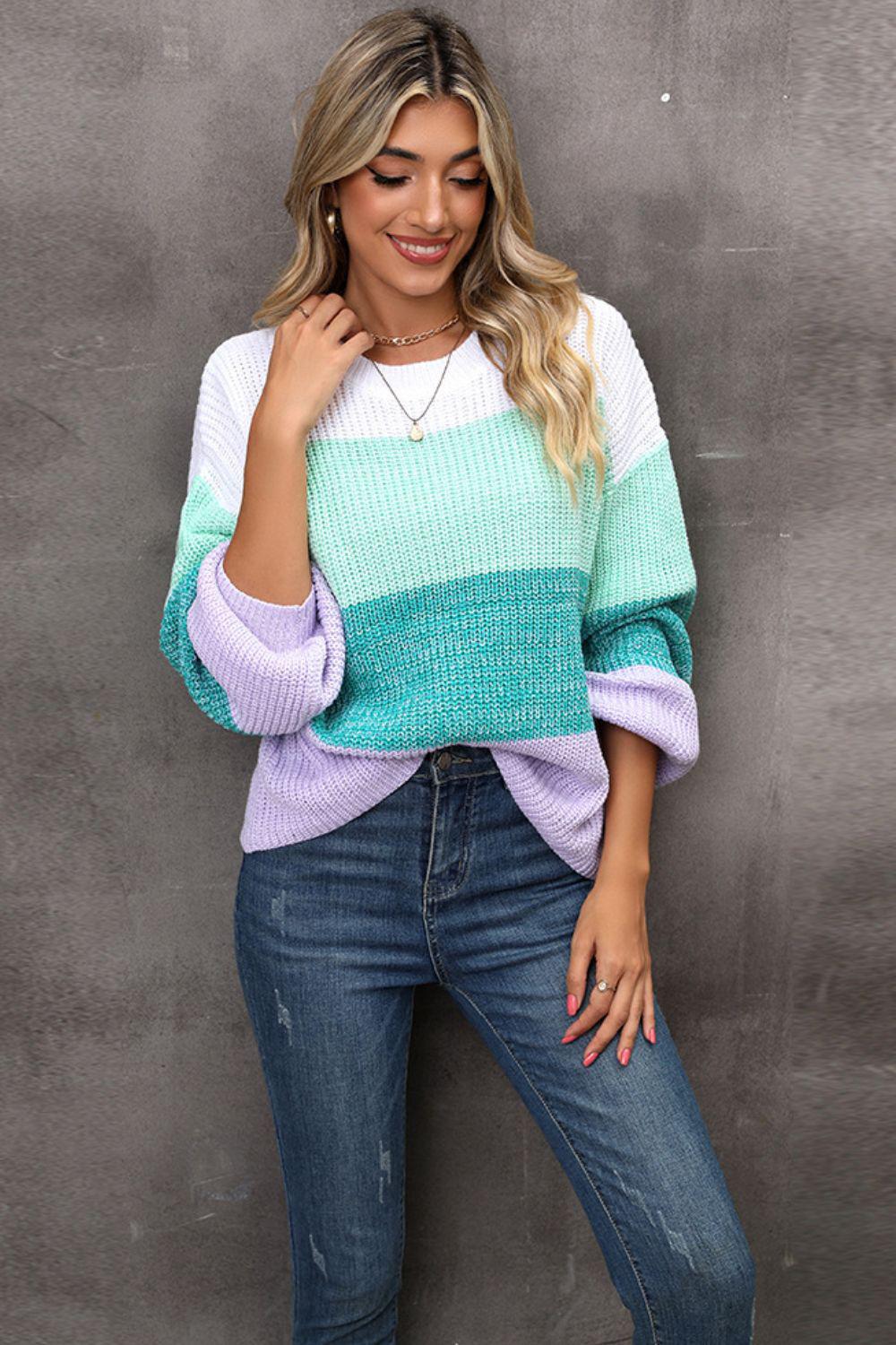 Color Block Round Neck Dropped Shoulder Sweater BLUE ZONE PLANET