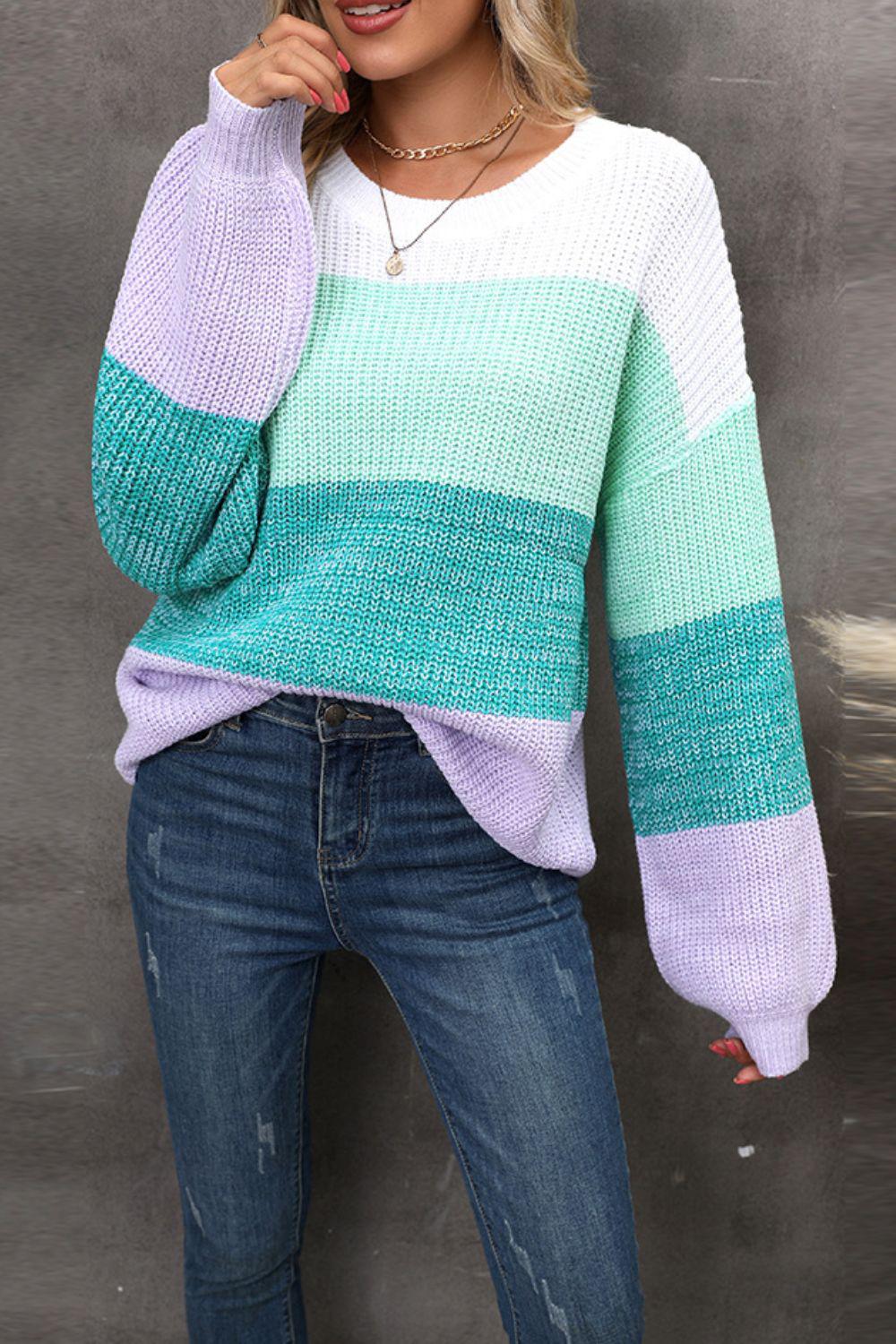 Color Block Round Neck Dropped Shoulder Sweater BLUE ZONE PLANET