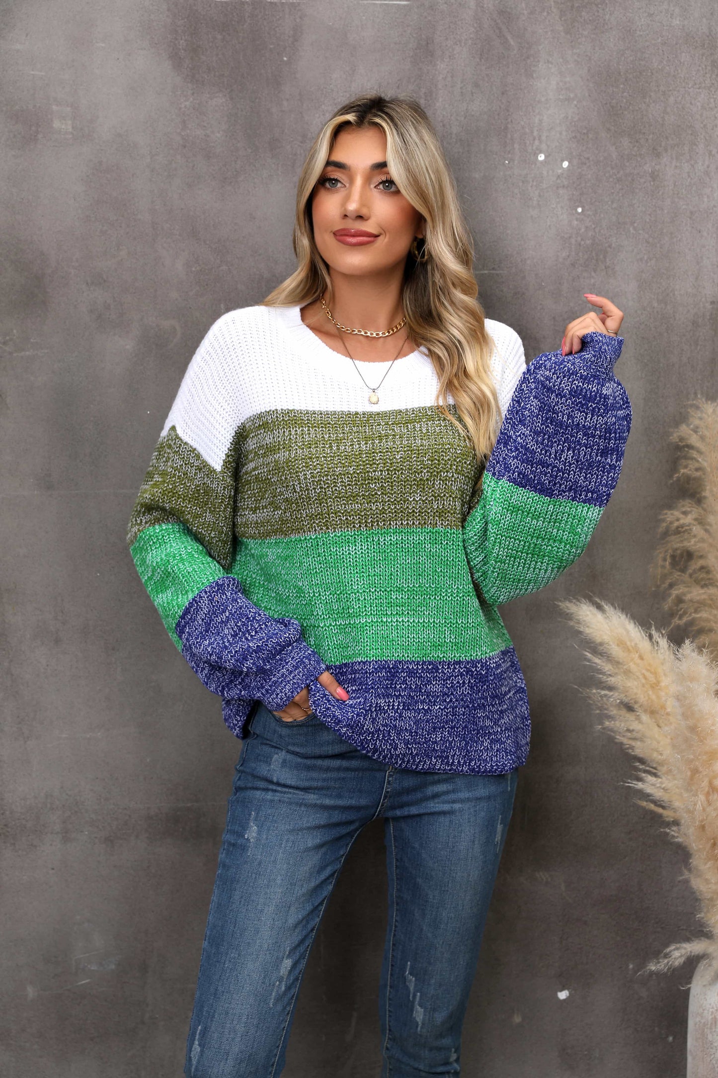 Color Block Round Neck Dropped Shoulder Sweater BLUE ZONE PLANET