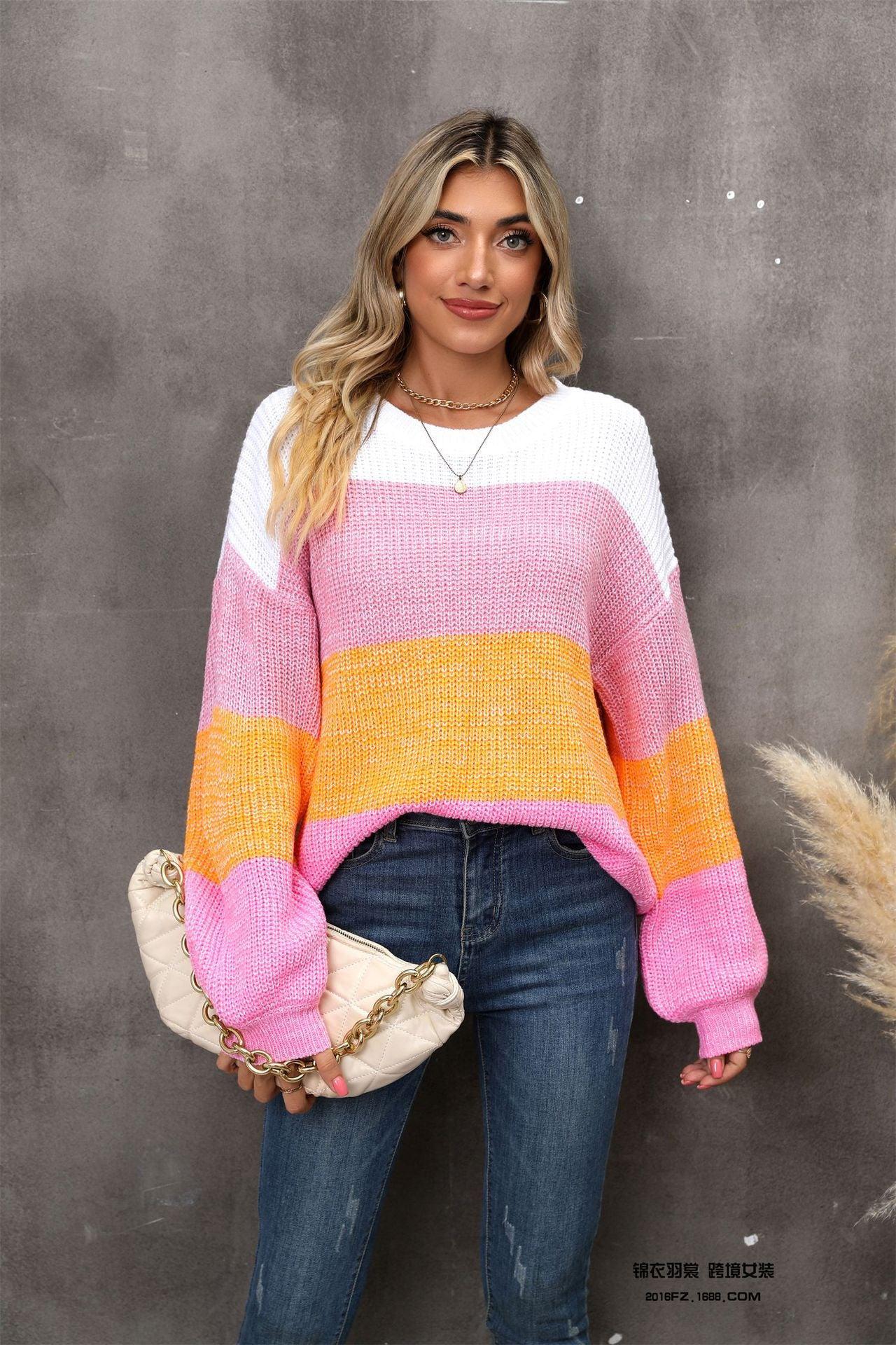 Color Block Round Neck Dropped Shoulder Sweater BLUE ZONE PLANET