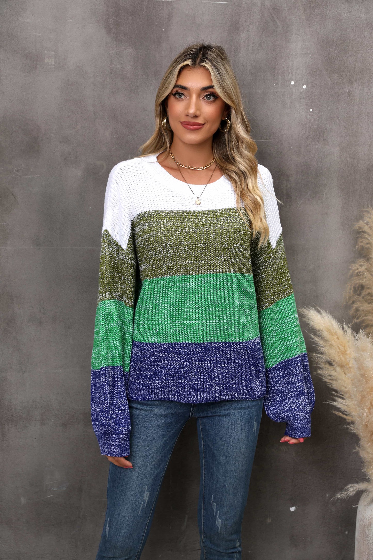 Color Block Round Neck Dropped Shoulder Sweater BLUE ZONE PLANET