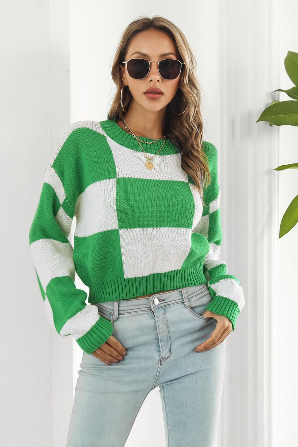 Color Block Round Neck Dropped Shoulder Sweater BLUE ZONE PLANET