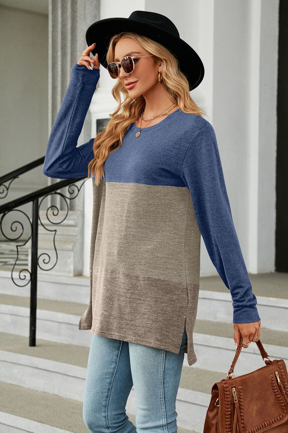 Color Block Round Neck Long Sleeve Slit T-Shirt BLUE ZONE PLANET