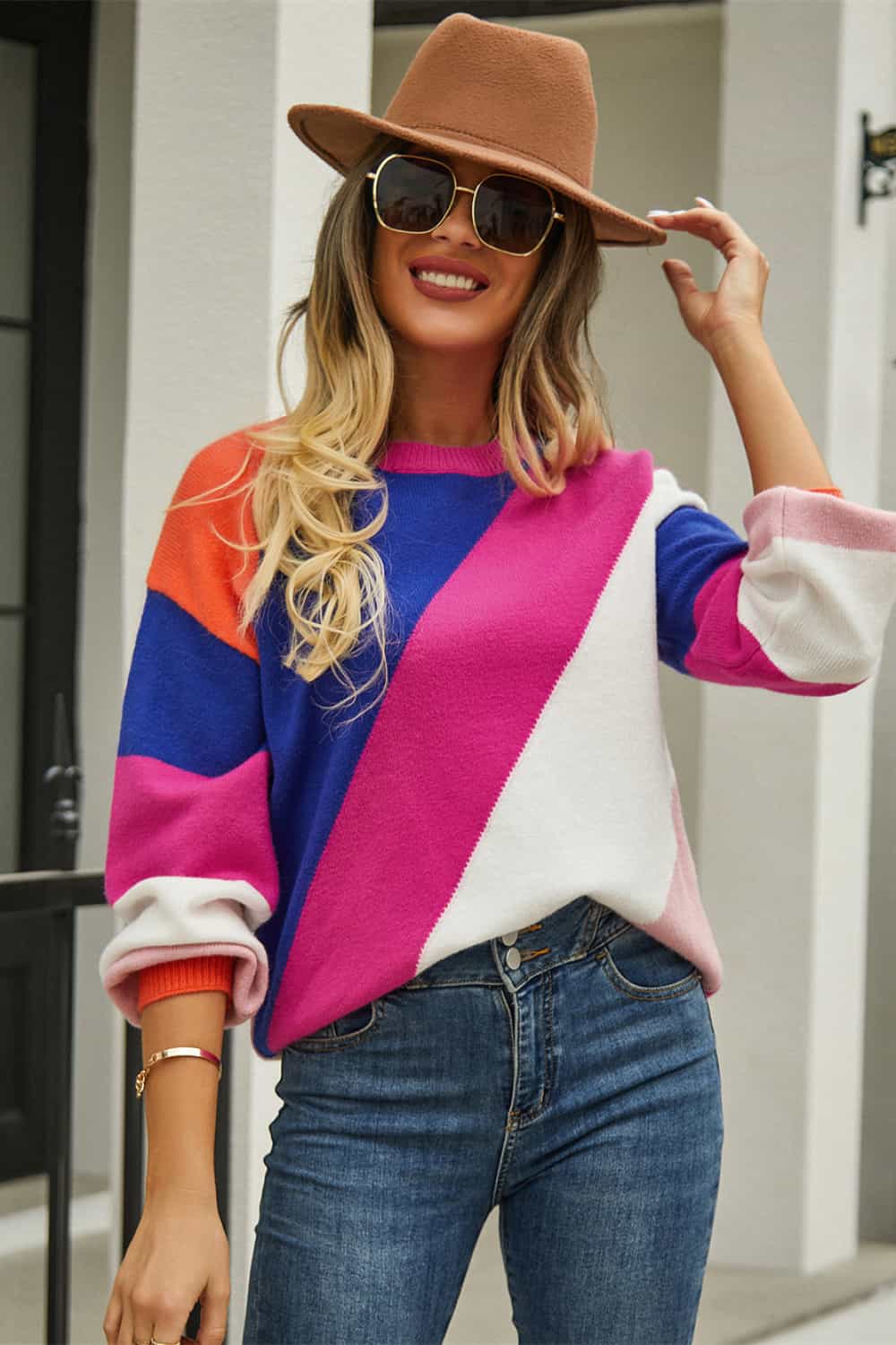 Color Block Round Neck Long Sleeve Sweater BLUE ZONE PLANET