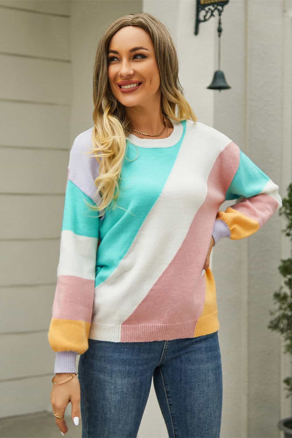 Color Block Round Neck Long Sleeve Sweater BLUE ZONE PLANET