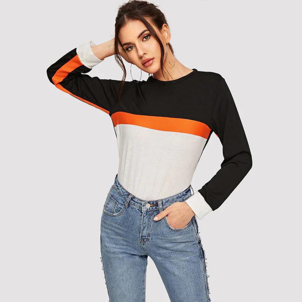 Color Block Round Neck Long Sleeve Tee BLUE ZONE PLANET