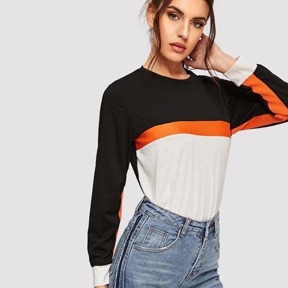 Color Block Round Neck Long Sleeve Tee BLUE ZONE PLANET