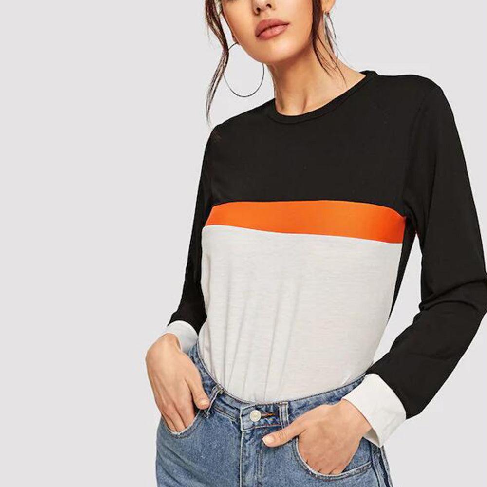 Color Block Round Neck Long Sleeve Tee BLUE ZONE PLANET
