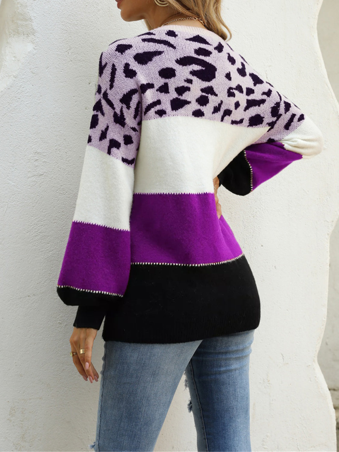 Color Block Round Neck Sweater BLUE ZONE PLANET