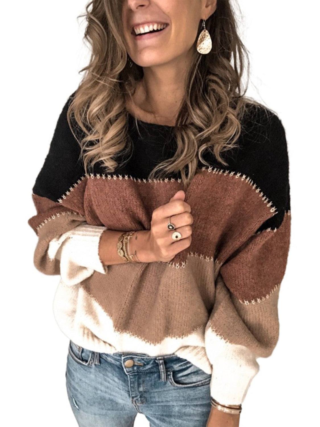 Color Block Round Neck Sweater BLUE ZONE PLANET