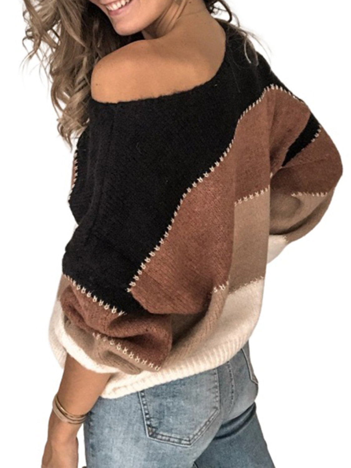 Color Block Round Neck Sweater BLUE ZONE PLANET