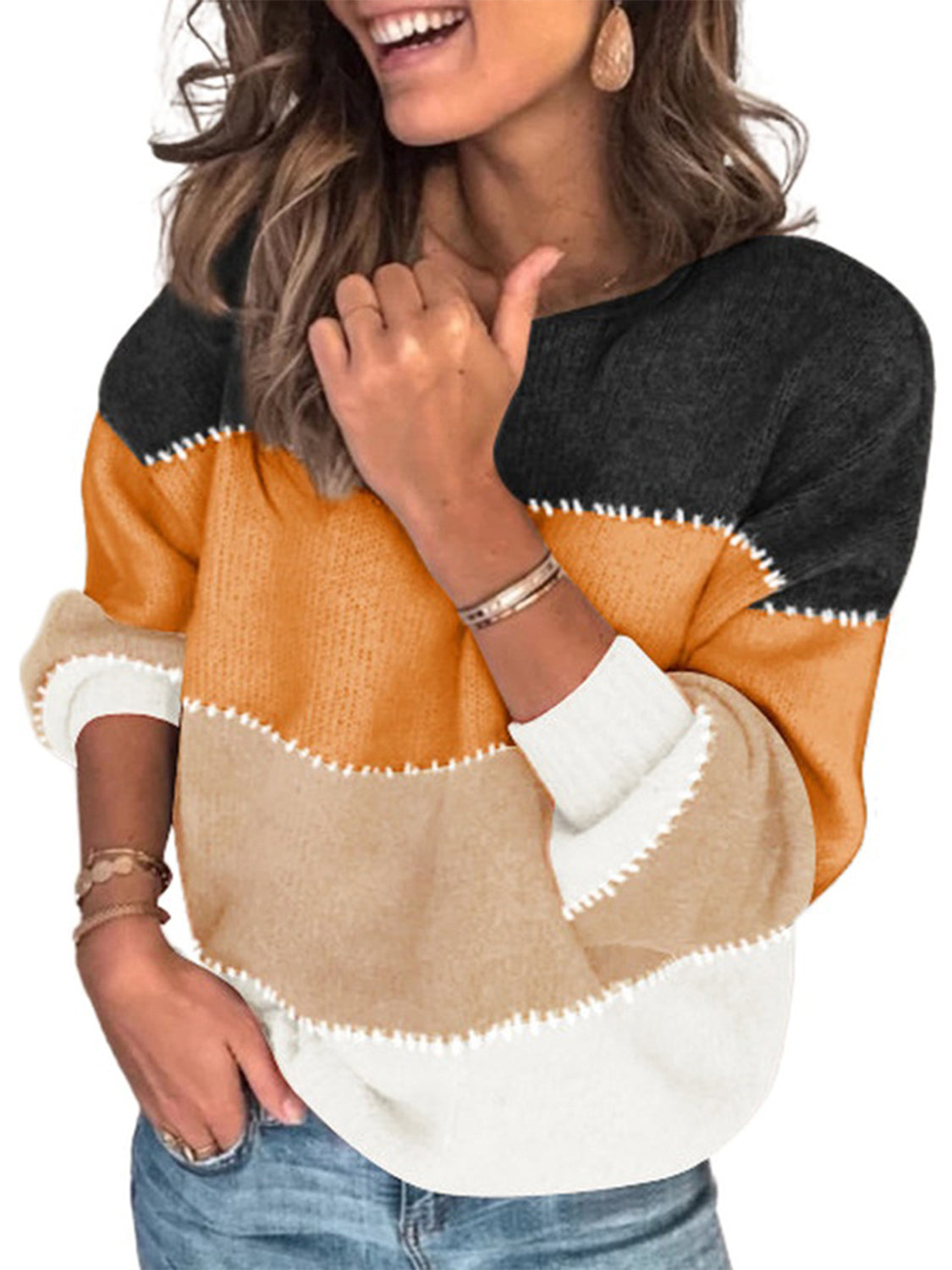 Color Block Round Neck Sweater BLUE ZONE PLANET