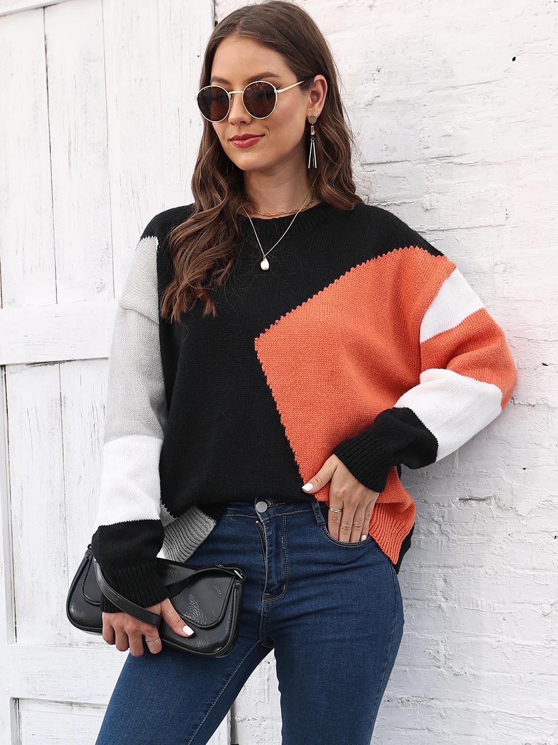 Color Block Round Neck Sweater BLUE ZONE PLANET