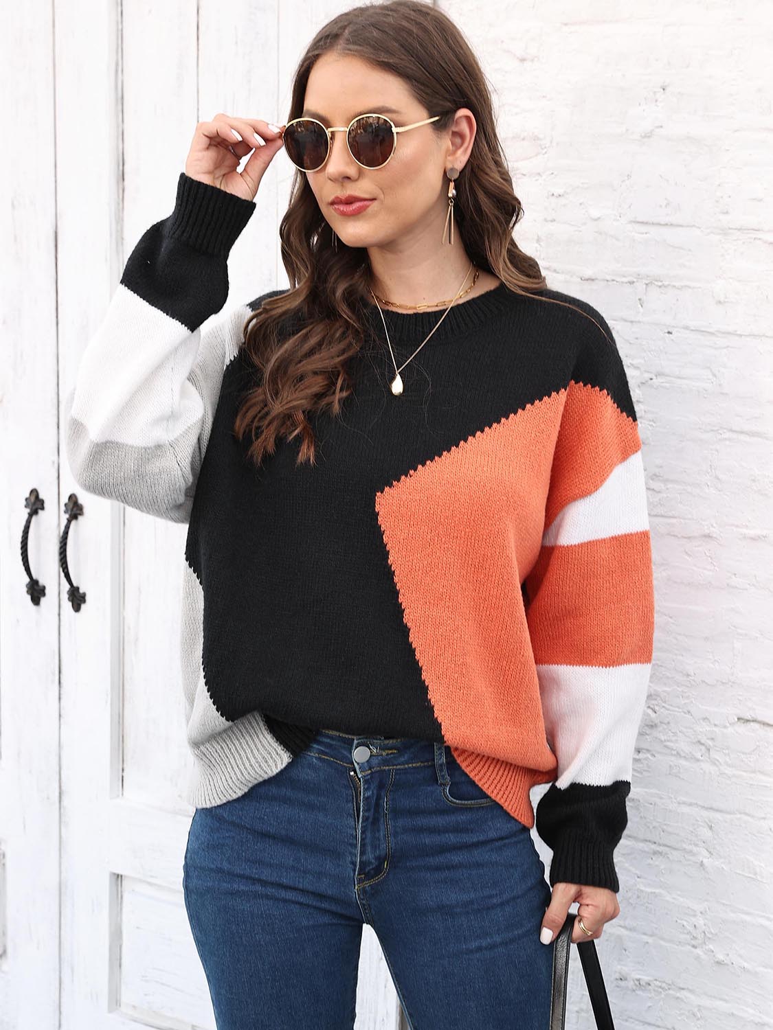 Color Block Round Neck Sweater BLUE ZONE PLANET