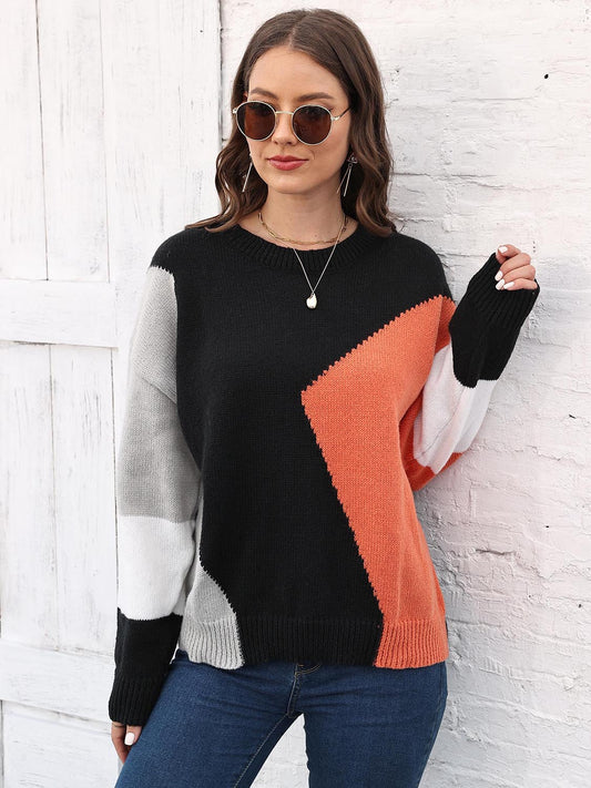 Color Block Round Neck Sweater BLUE ZONE PLANET