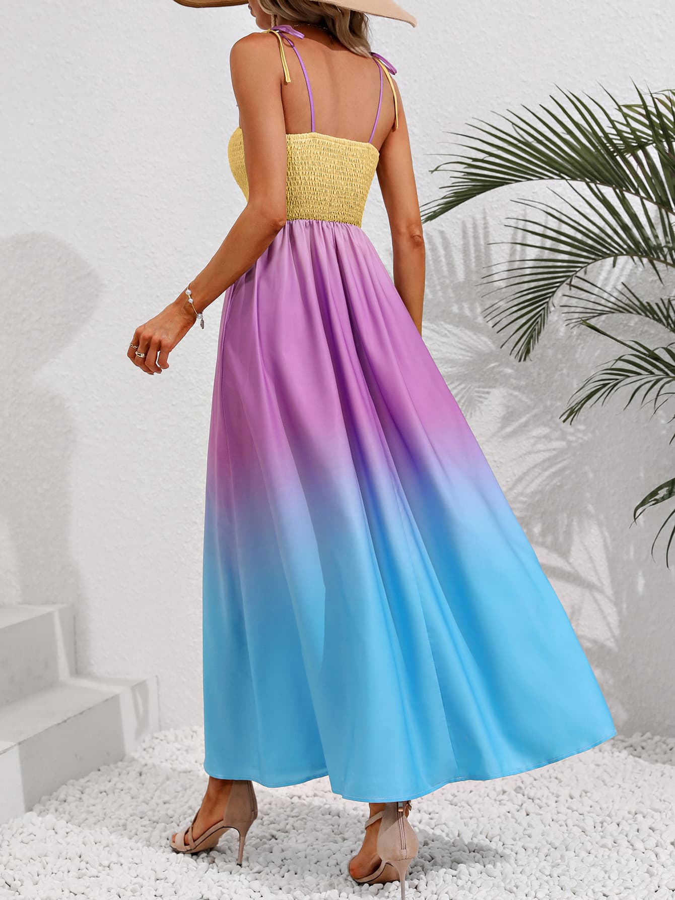 Color Block Tie Shoulder Smocked Maxi Dress BLUE ZONE PLANET