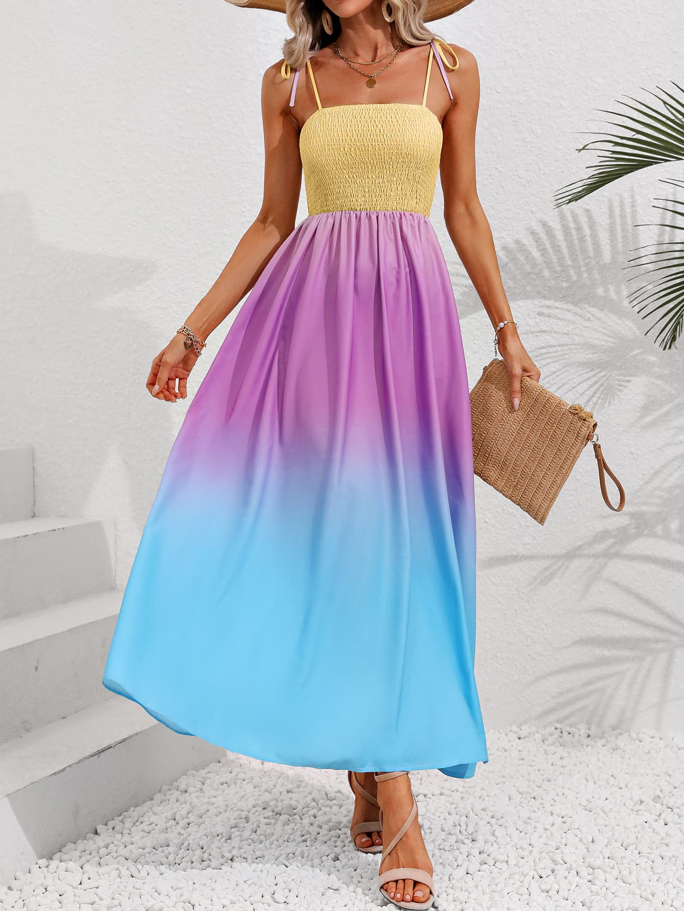 Color Block Tie Shoulder Smocked Maxi Dress BLUE ZONE PLANET