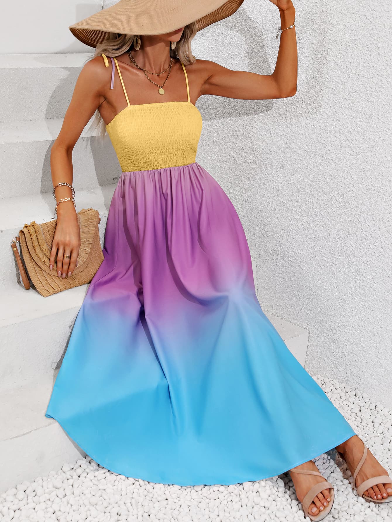 Color Block Tie Shoulder Smocked Maxi Dress BLUE ZONE PLANET