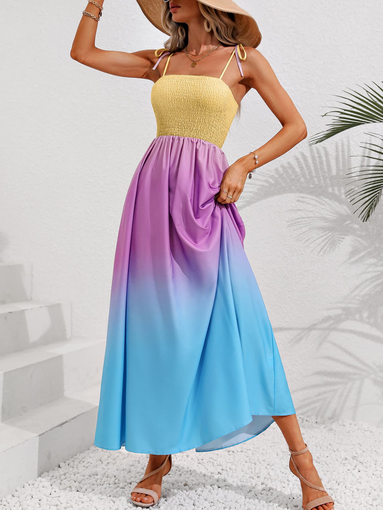 Color Block Tie Shoulder Smocked Maxi Dress BLUE ZONE PLANET