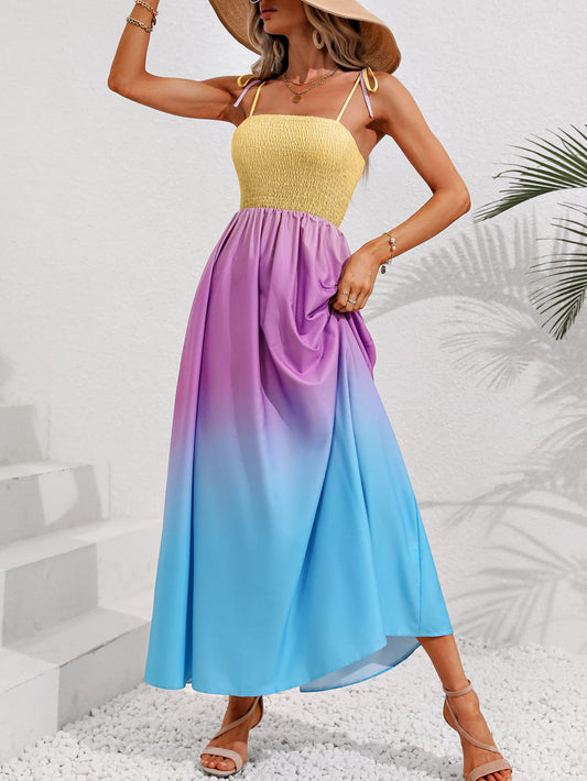 Color Block Tie Shoulder Smocked Maxi Dress BLUE ZONE PLANET