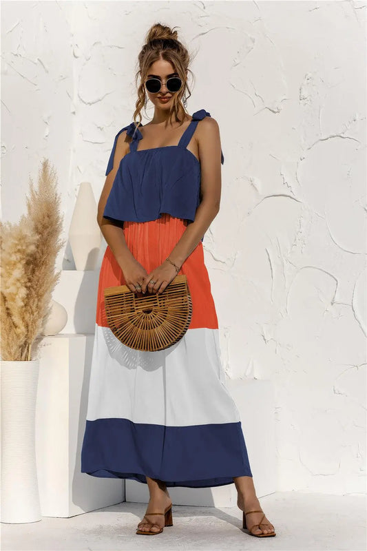 Color Block Tie Shoulder Tiered Sleeveless Dress BLUE ZONE PLANET