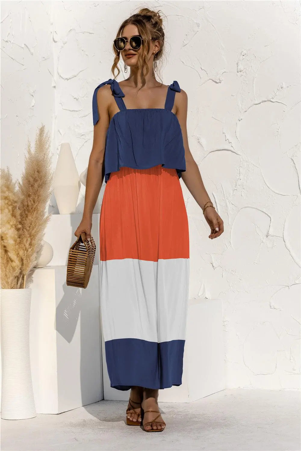 Color Block Tie Shoulder Tiered Sleeveless Dress BLUE ZONE PLANET