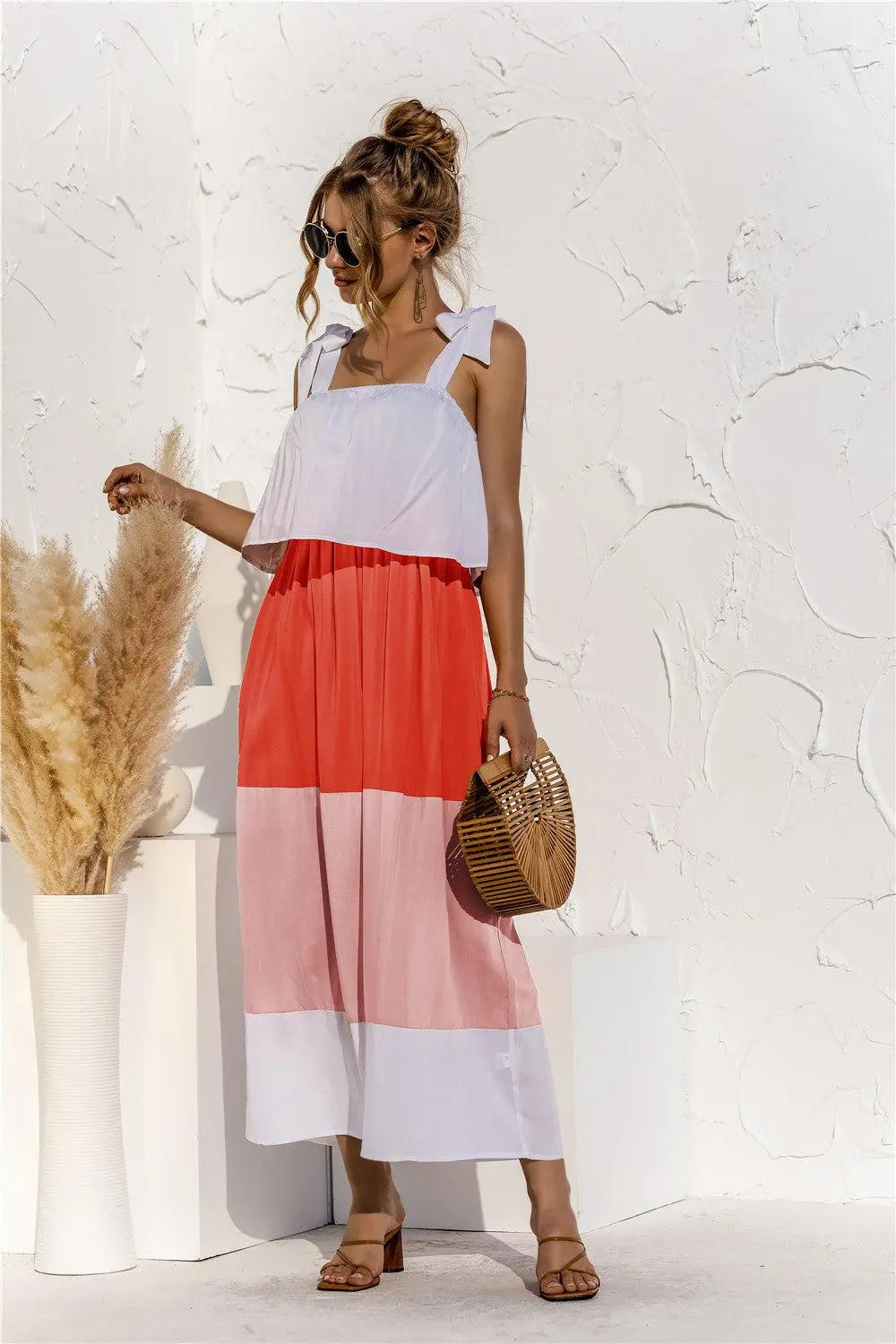 Color Block Tie Shoulder Tiered Sleeveless Dress BLUE ZONE PLANET
