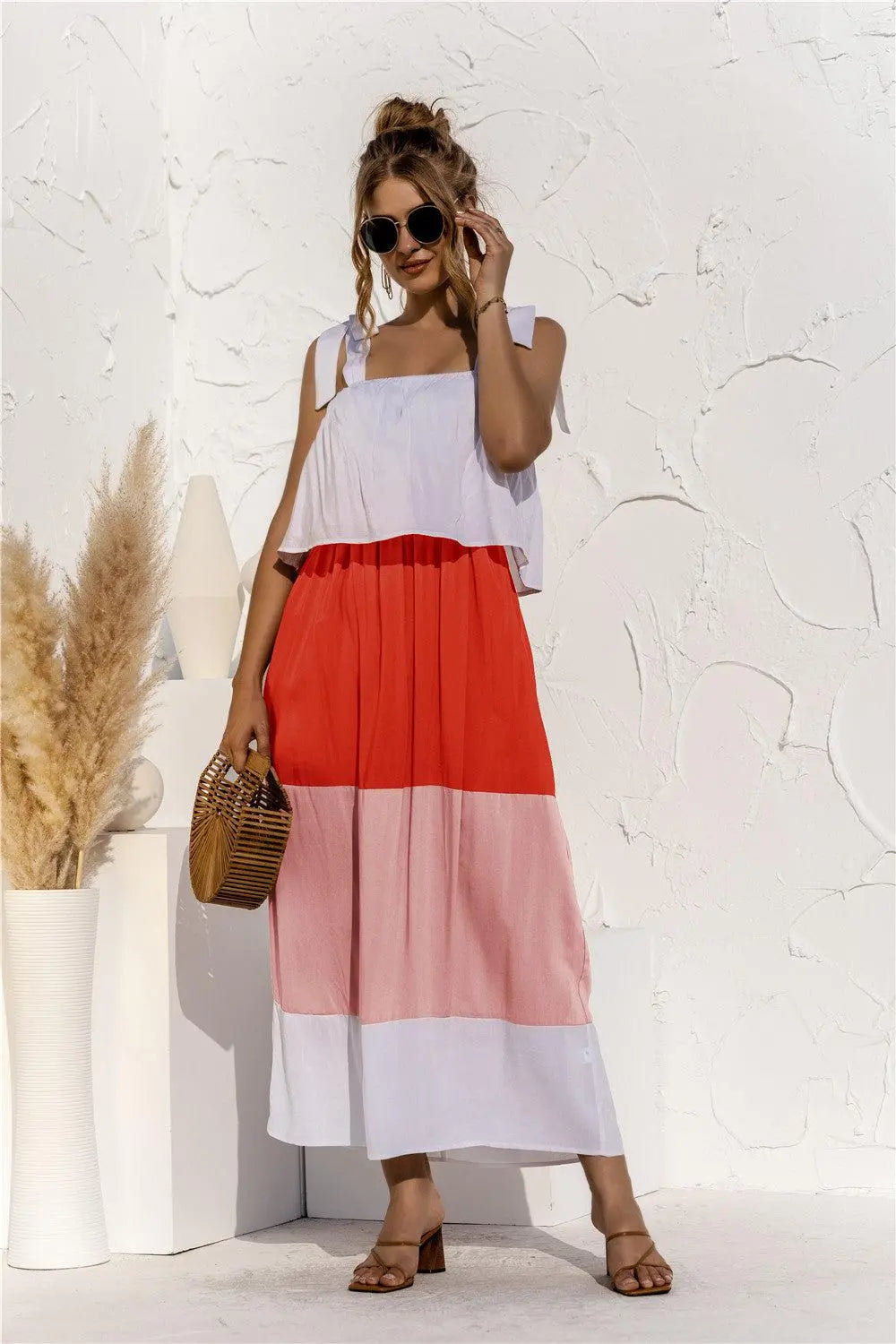 Color Block Tie Shoulder Tiered Sleeveless Dress BLUE ZONE PLANET