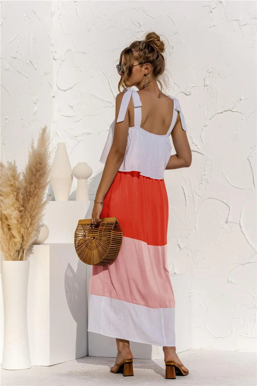 Color Block Tie Shoulder Tiered Sleeveless Dress BLUE ZONE PLANET
