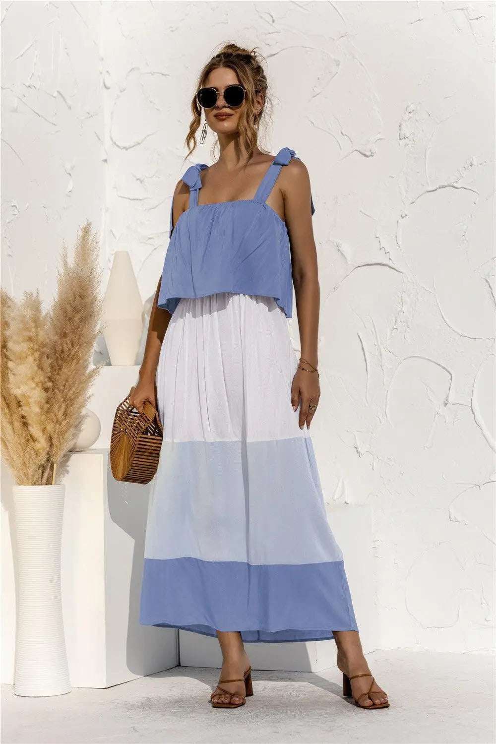 Color Block Tie Shoulder Tiered Sleeveless Dress BLUE ZONE PLANET