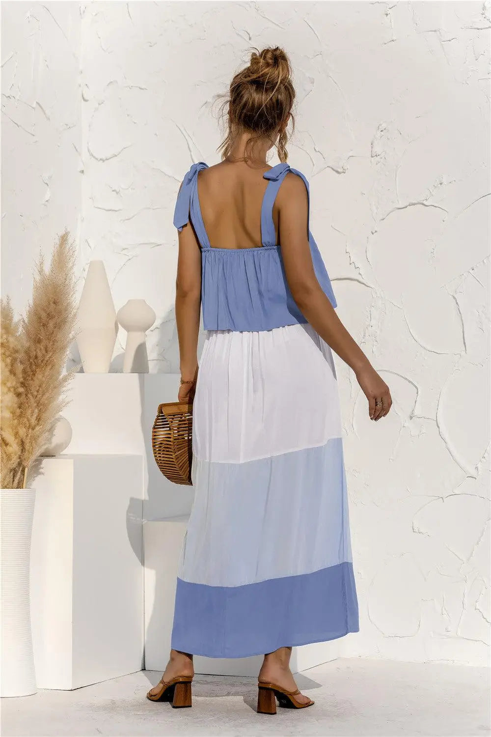 Color Block Tie Shoulder Tiered Sleeveless Dress BLUE ZONE PLANET