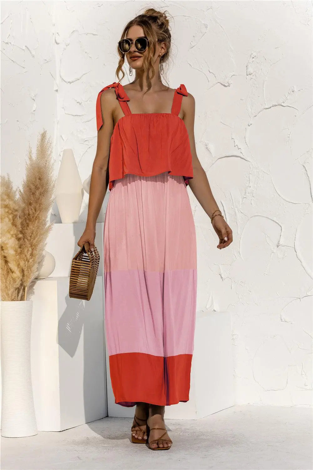 Color Block Tie Shoulder Tiered Sleeveless Dress BLUE ZONE PLANET