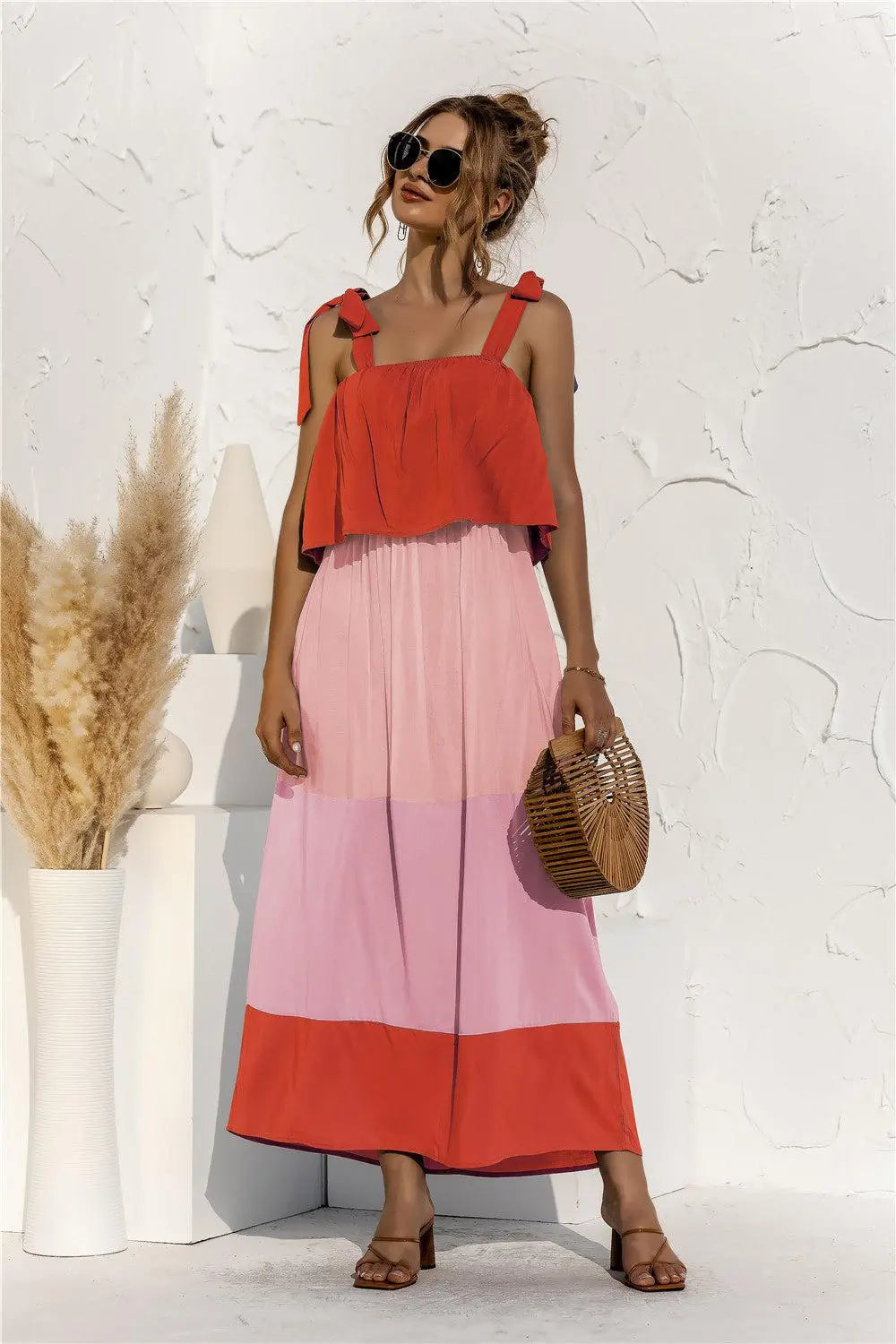 Color Block Tie Shoulder Tiered Sleeveless Dress BLUE ZONE PLANET