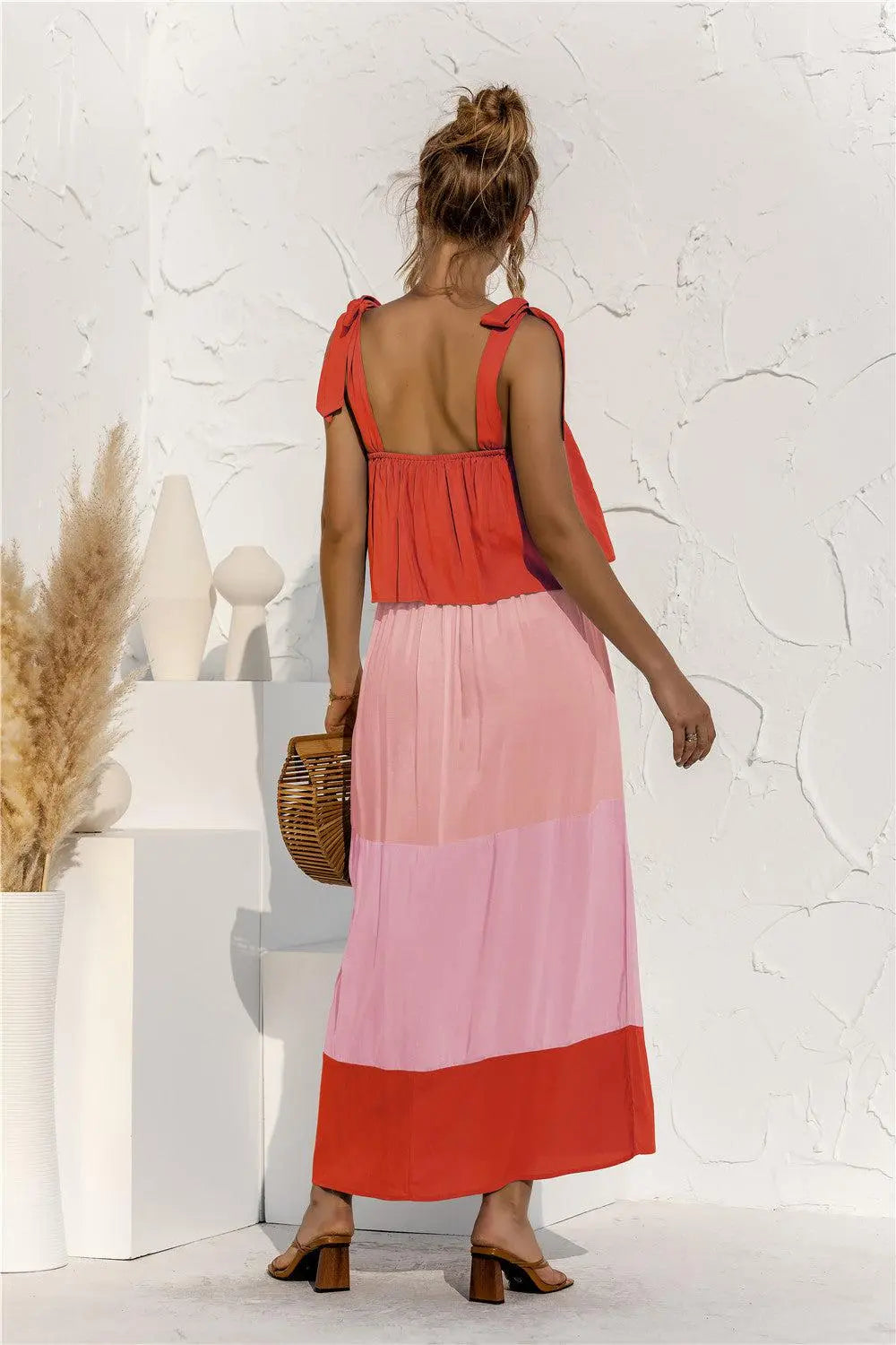 Color Block Tie Shoulder Tiered Sleeveless Dress BLUE ZONE PLANET