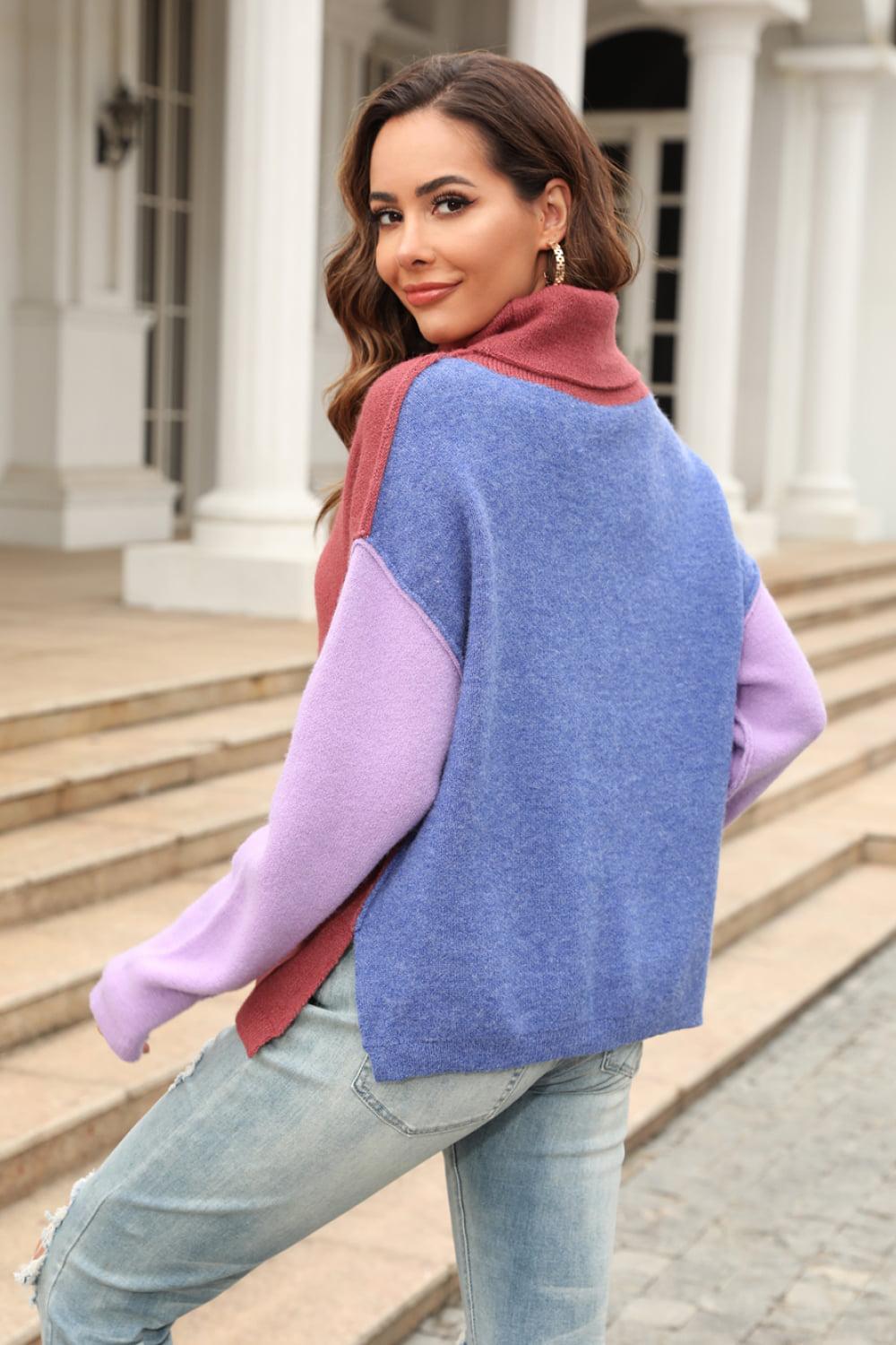 Color Block Turtleneck Slit Sweater BLUE ZONE PLANET