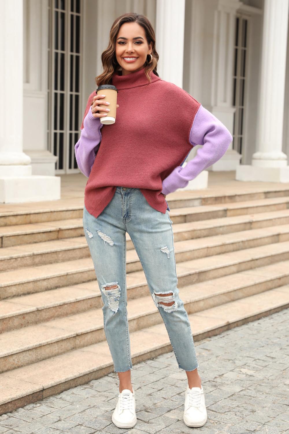 Color Block Turtleneck Slit Sweater BLUE ZONE PLANET