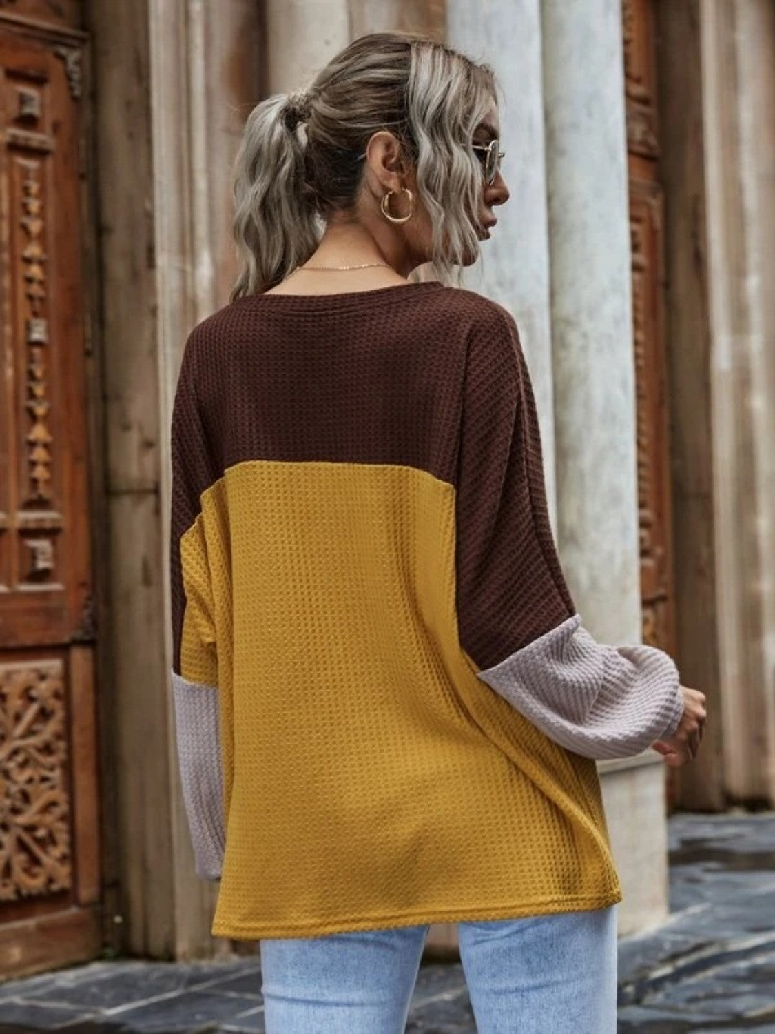 Color Block Waffle-Knit Long Sleeve Top BLUE ZONE PLANET