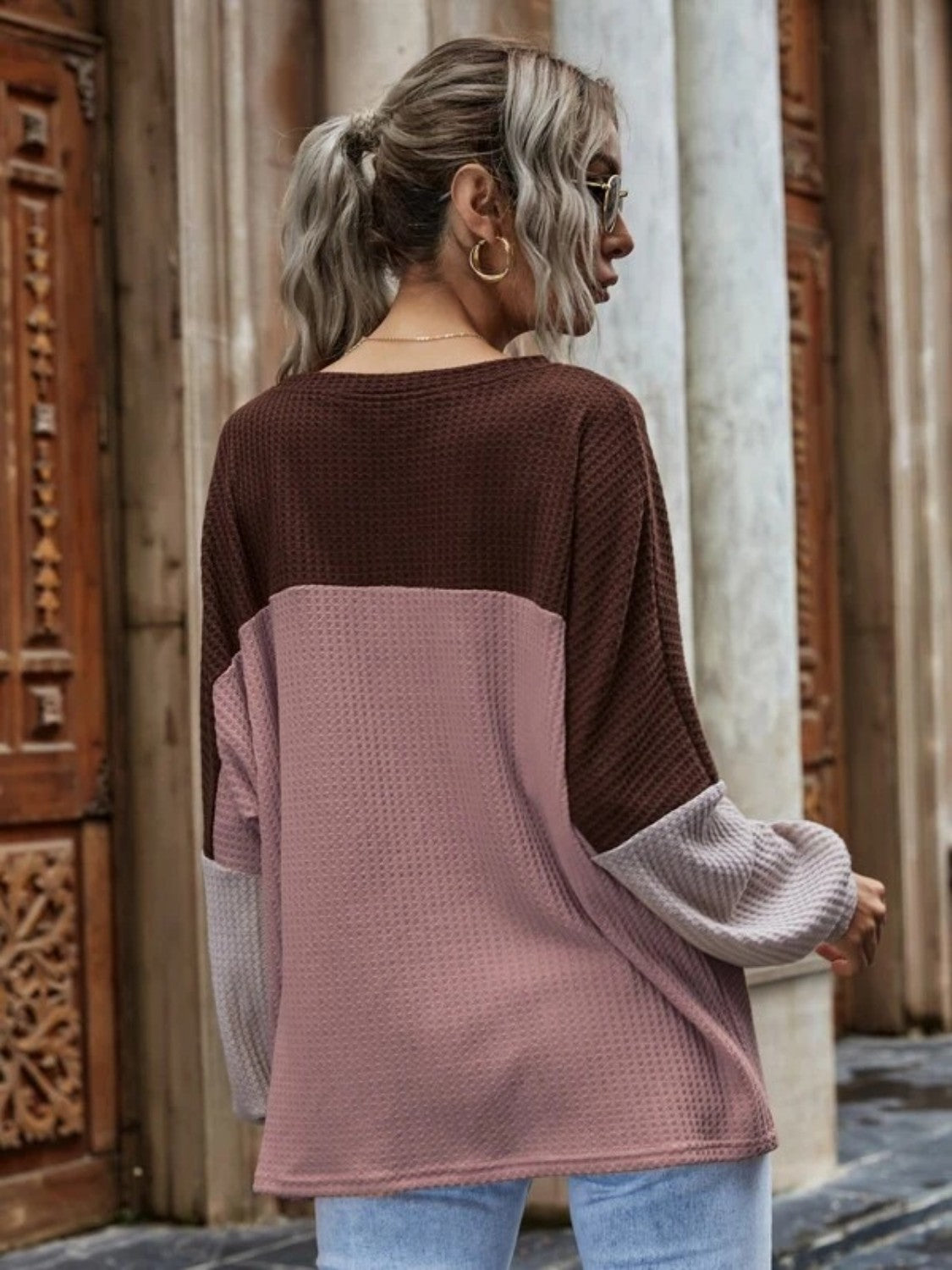 Color Block Waffle-Knit Long Sleeve Top BLUE ZONE PLANET
