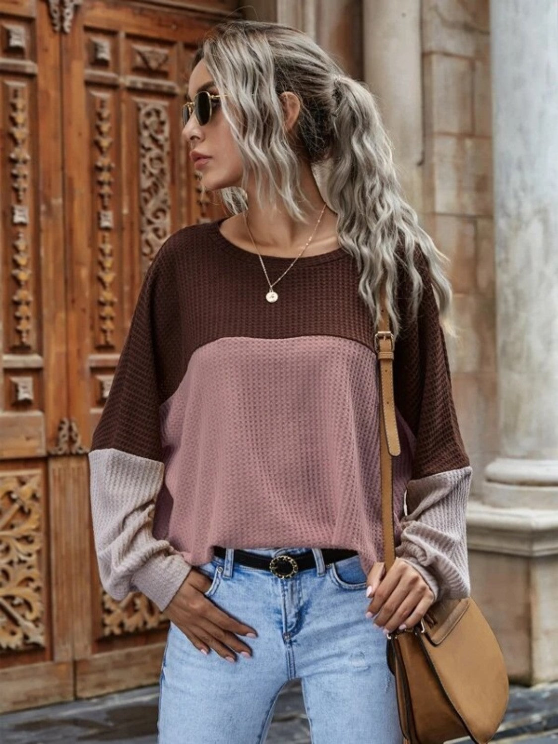 Color Block Waffle-Knit Long Sleeve Top BLUE ZONE PLANET