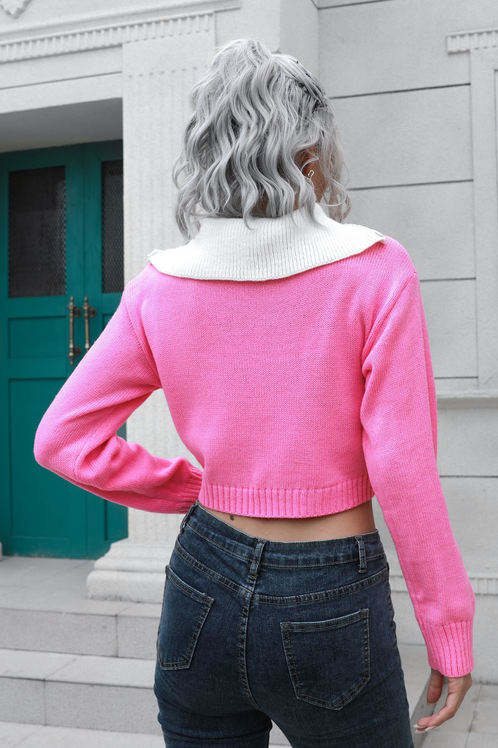 Contrast Collared Cropped Sweater BLUE ZONE PLANET