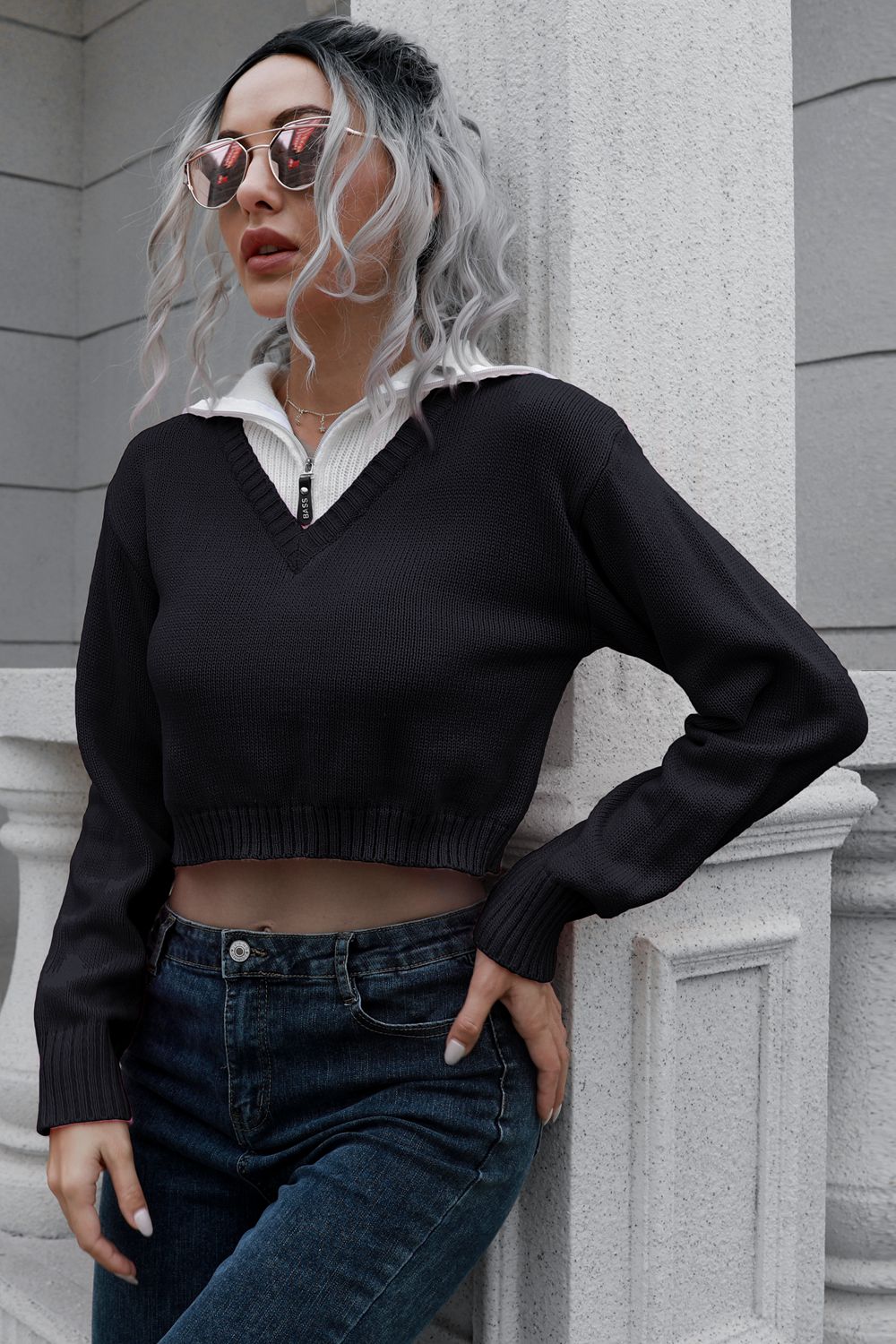 Contrast Collared Cropped Sweater BLUE ZONE PLANET