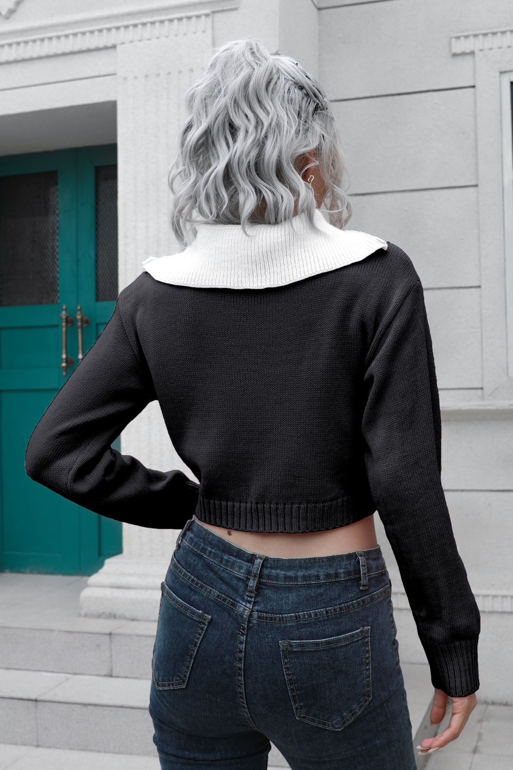 Contrast Collared Cropped Sweater BLUE ZONE PLANET