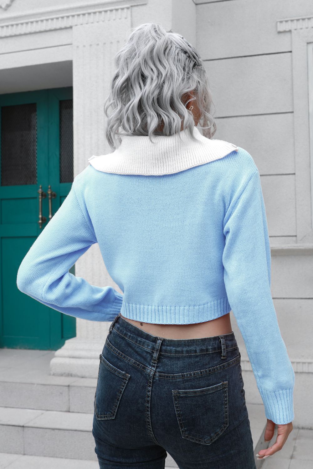 Contrast Collared Cropped Sweater BLUE ZONE PLANET