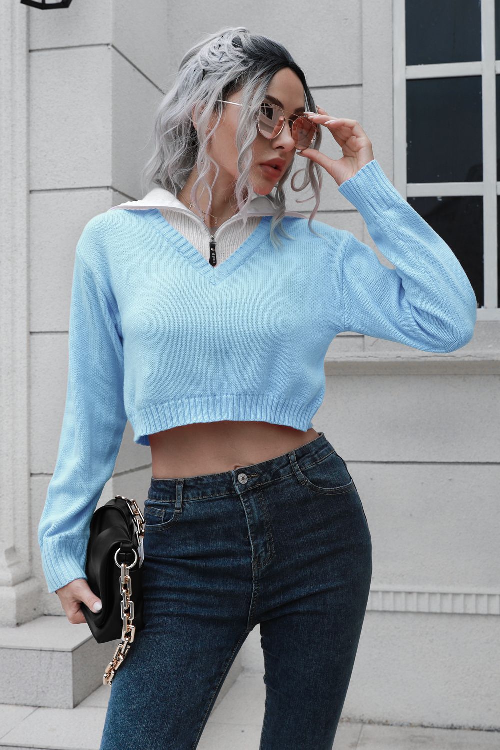 Contrast Collared Cropped Sweater BLUE ZONE PLANET