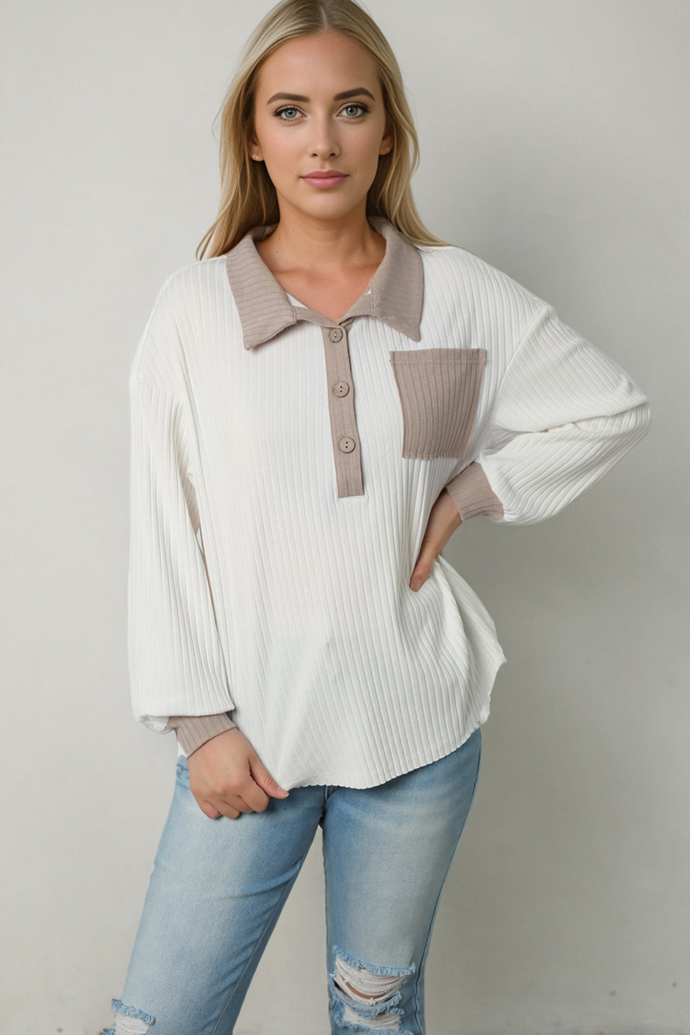 Contrast Collared Neck Top BLUE ZONE PLANET