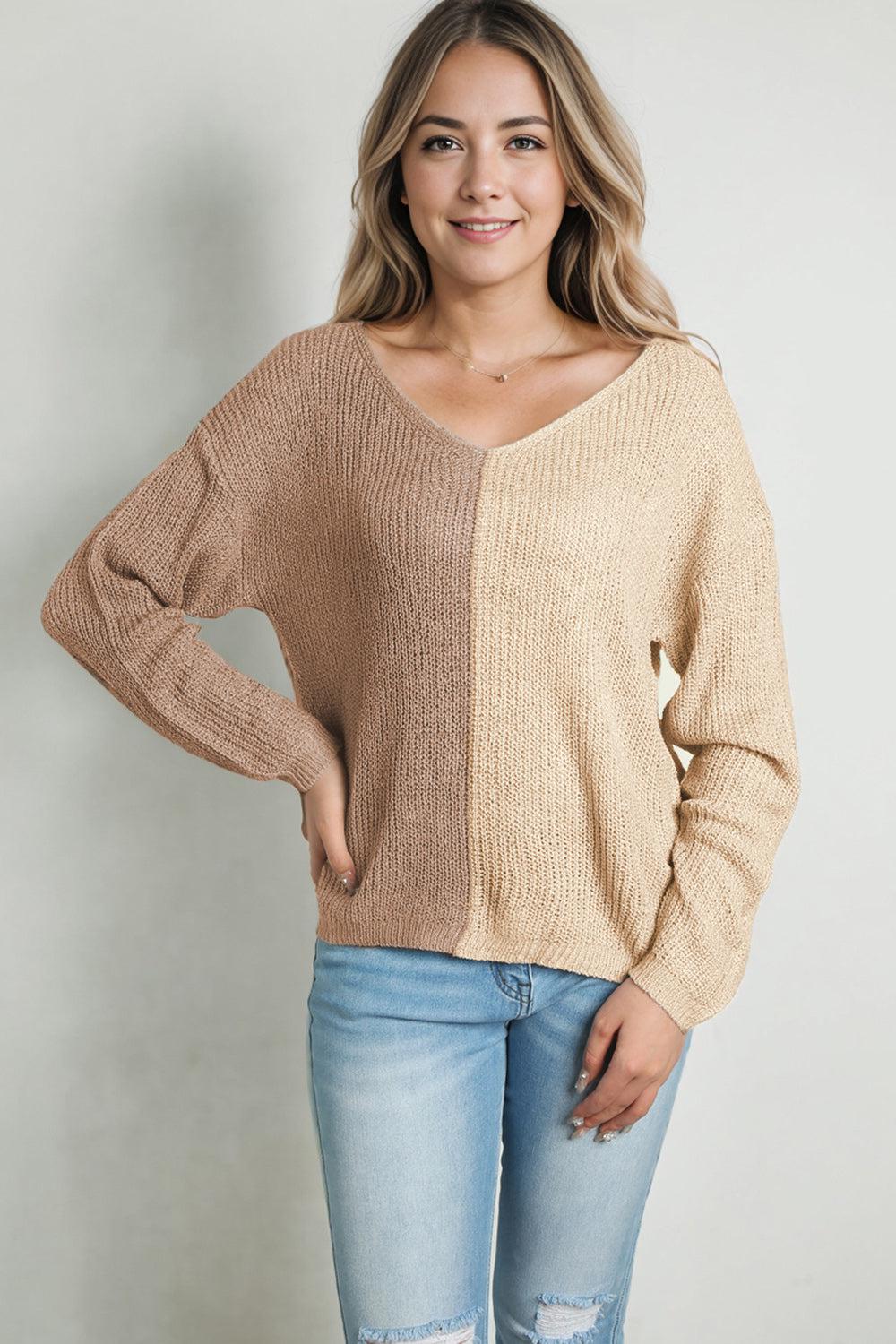 Contrast Color V-Neck Long Sleeve Pullover Sweater BLUE ZONE PLANET