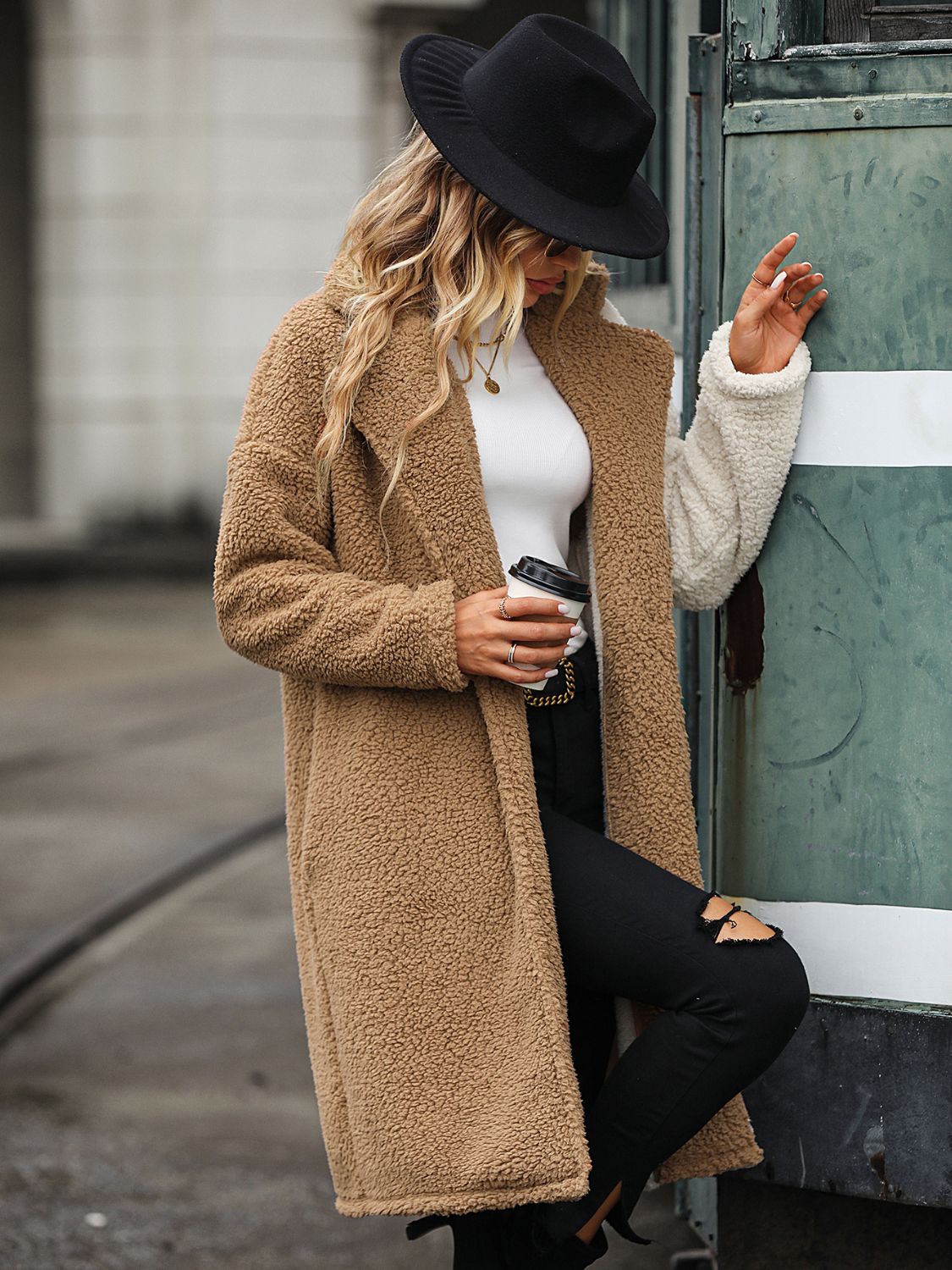 Contrast Dropped Shoulder Sherpa Coat BLUE ZONE PLANET