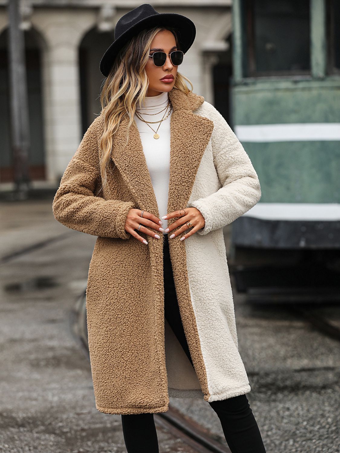 Contrast Dropped Shoulder Sherpa Coat BLUE ZONE PLANET