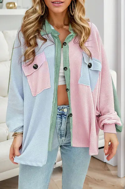 Contrast Pocketed Button Up Long Sleeve Shacket Trendsi