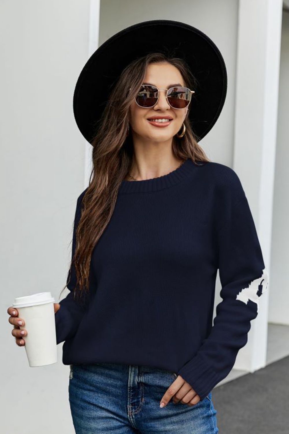 Contrast Round Neck Dropped Shoulder Sweater BLUE ZONE PLANET